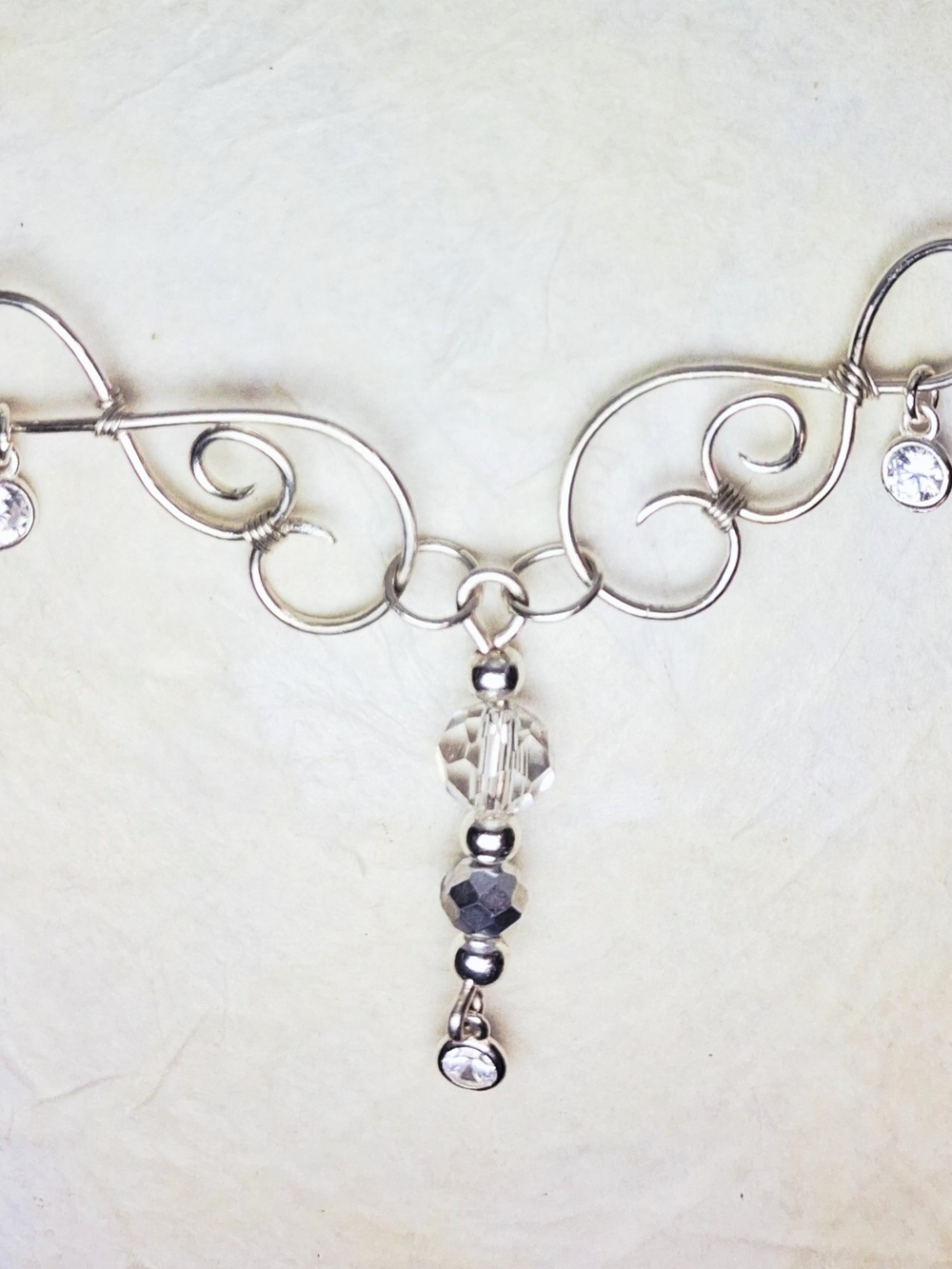 Sterling Silver CZ Pendant/Chrystal Bead Dangle Necklace